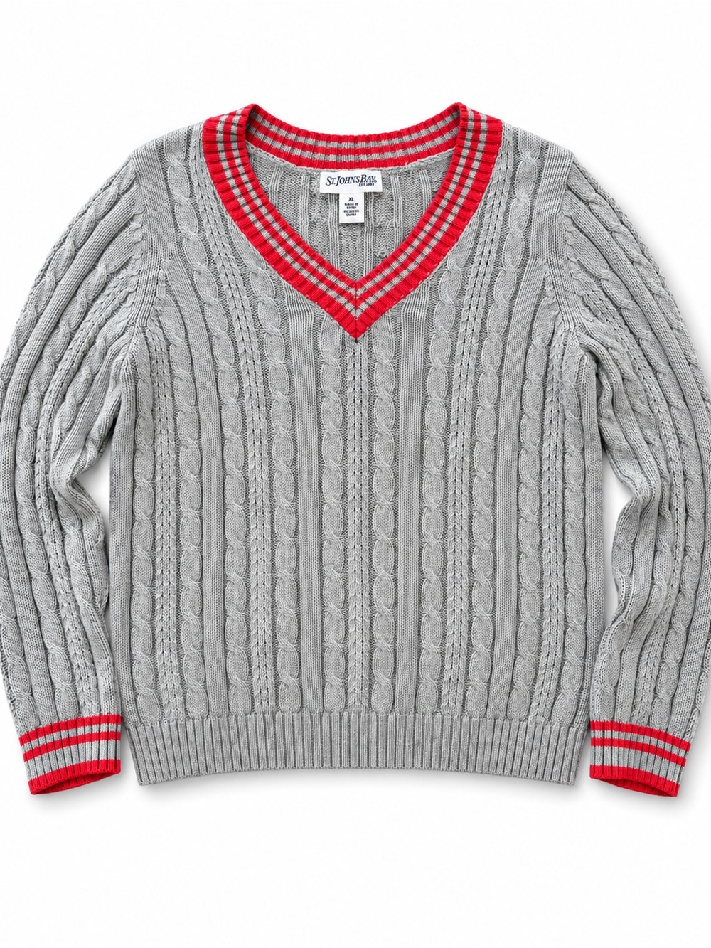 St. John’s Bay Women’s XL Gray Red V-Neck Cable Knit Cotton Sweater